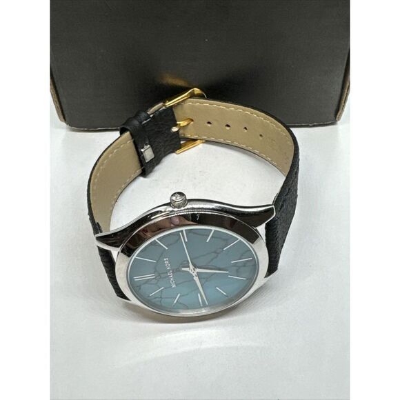 Michael Kors MK3503 Women Black Leather Strap Analog Turquoise Dial Watch JNA235 - Picture 6 of 11